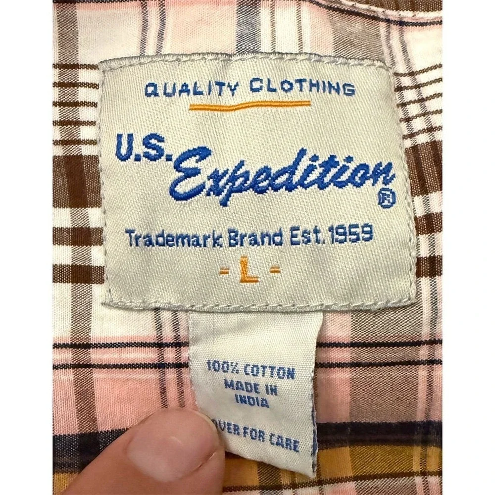 US Expedition Men's Plaid Short Sleeve‎ Shirt Size L Preppy vintage button up